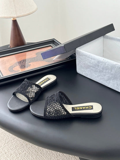 Chanel Women Black Mesh Slide Sandals