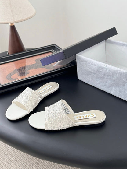 Chanel Women White Lace Mesh Slides
