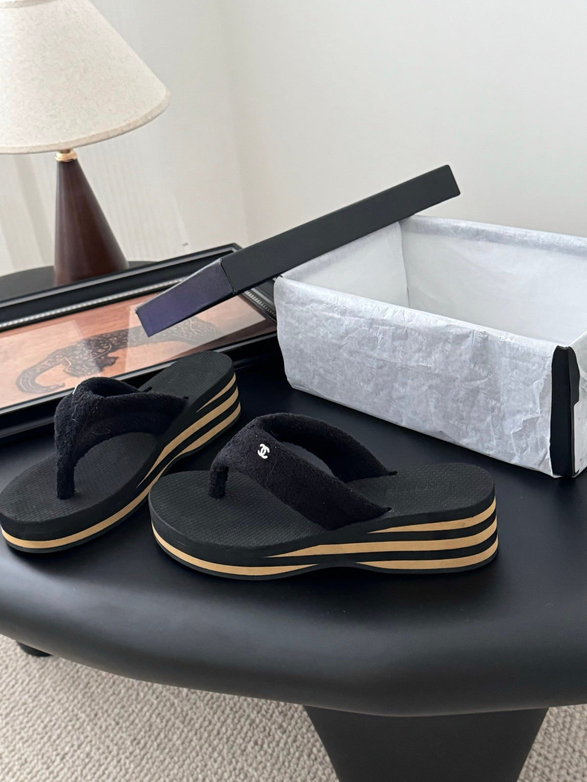 Chanel Women Black Fabric Strap Flip Flop Sandals