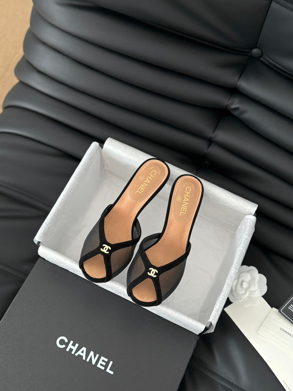 Chanel Women Black Mesh Logo Slide Sandals