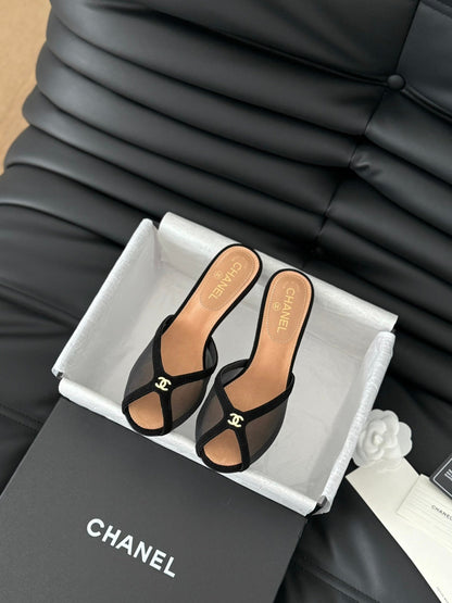 Chanel Women Black Mesh Logo Slide Sandals