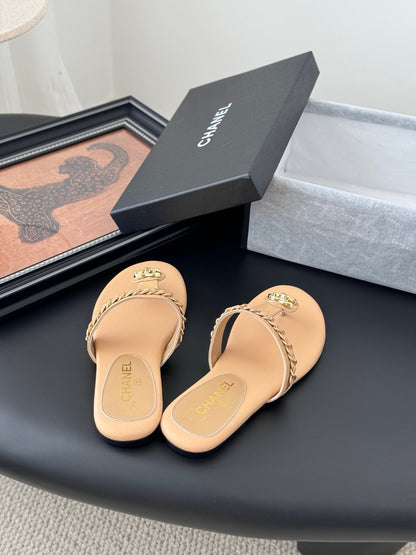 Chanel Women Beige Leather Slides