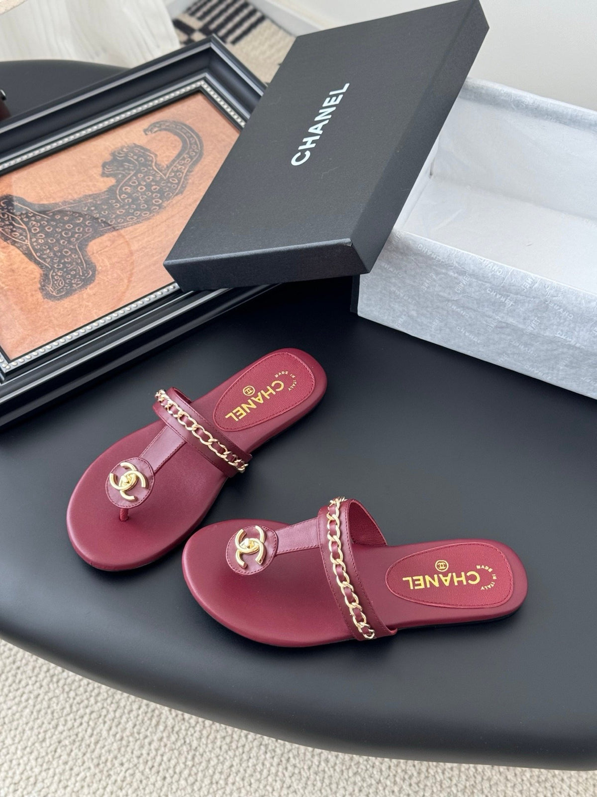 Chanel Women Burgundy Leather Chain Detail Slides