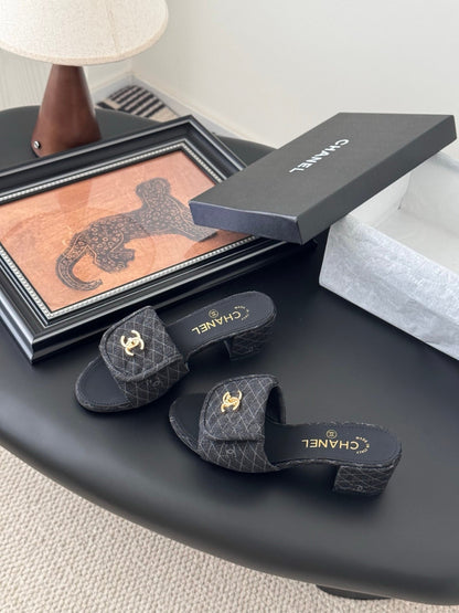 Chanel Women Black Quilted Fabric Slides