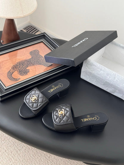 Chanel Women Black Quilted Leather Slides