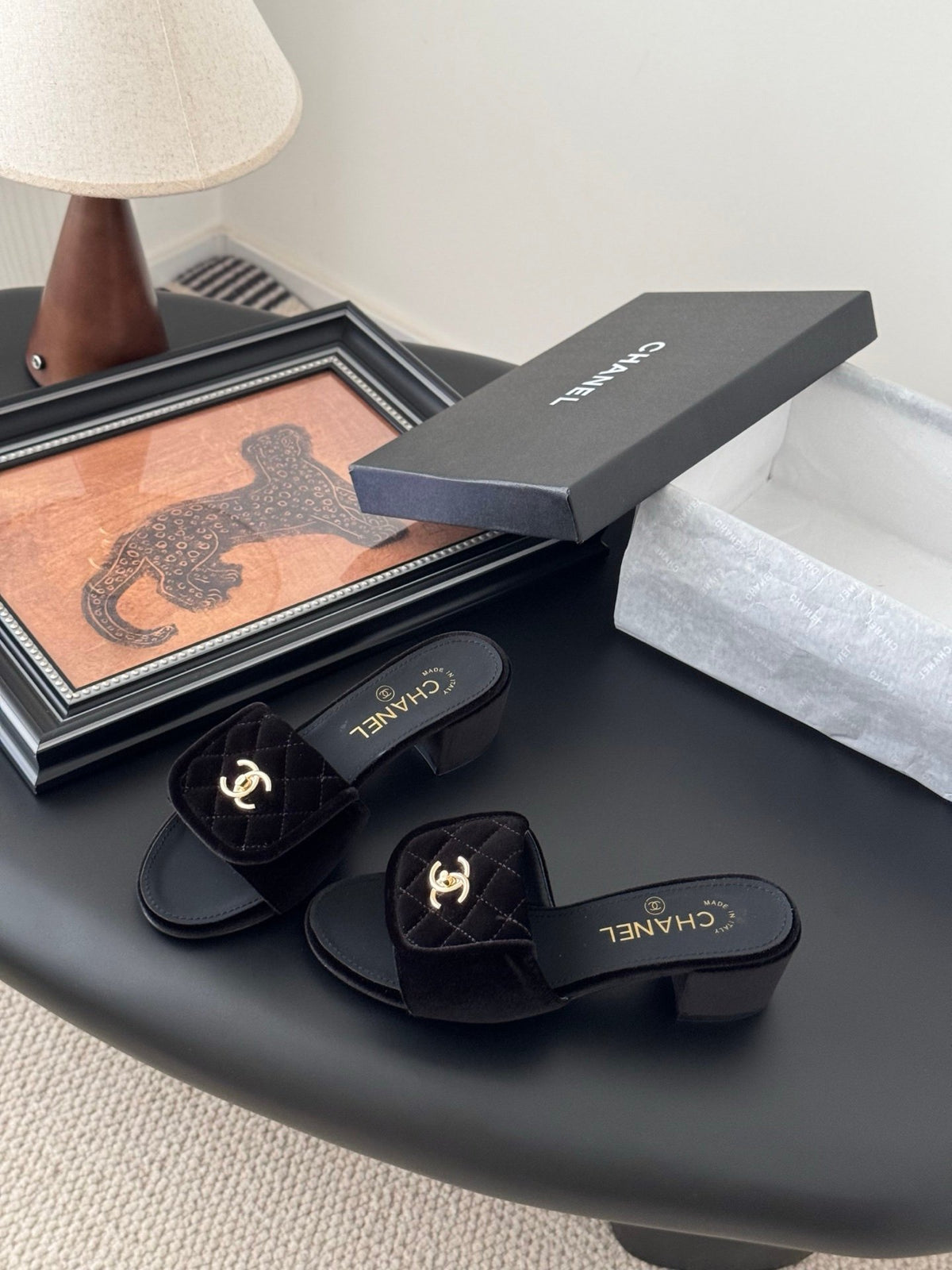 Chanel Women Black Quilted Velvet Slides