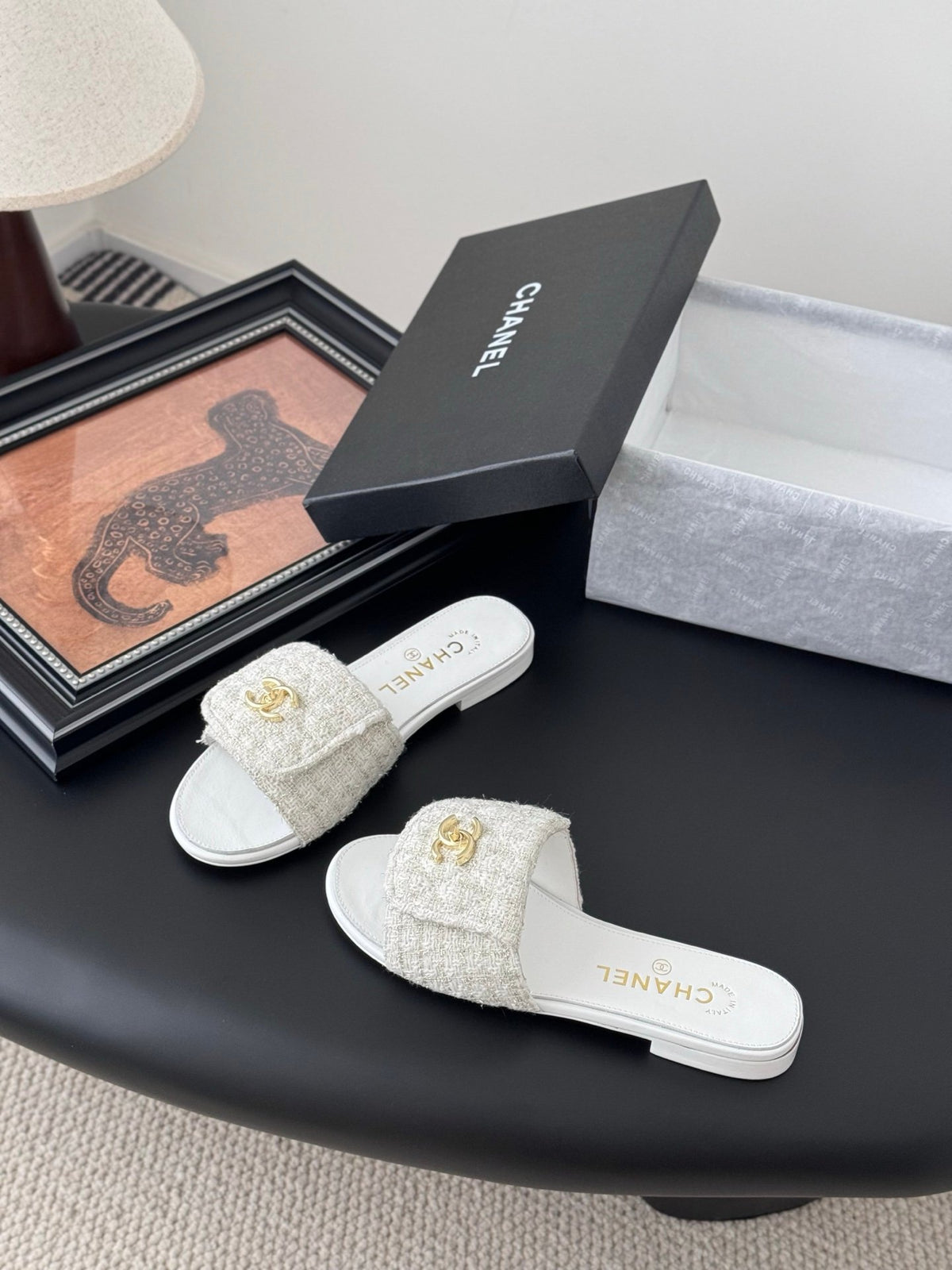 Chanel Women Beige Tweed Slides