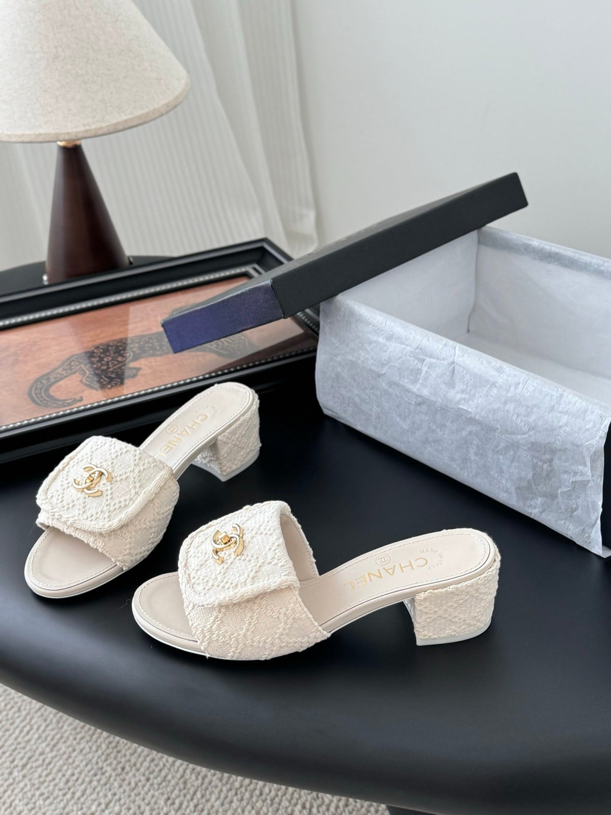 Chanel Women Cream Tweed Slides