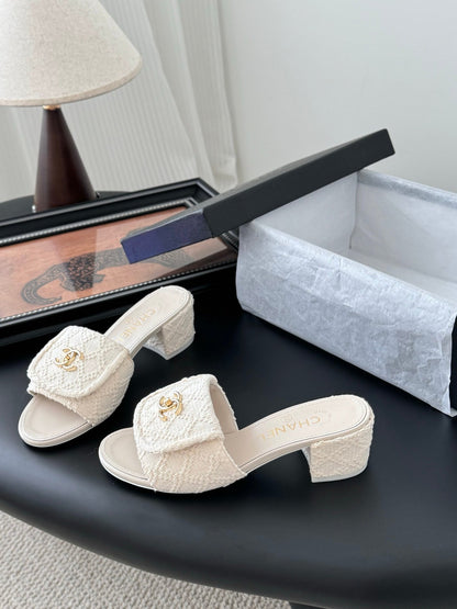 Chanel Women Cream Tweed Slides