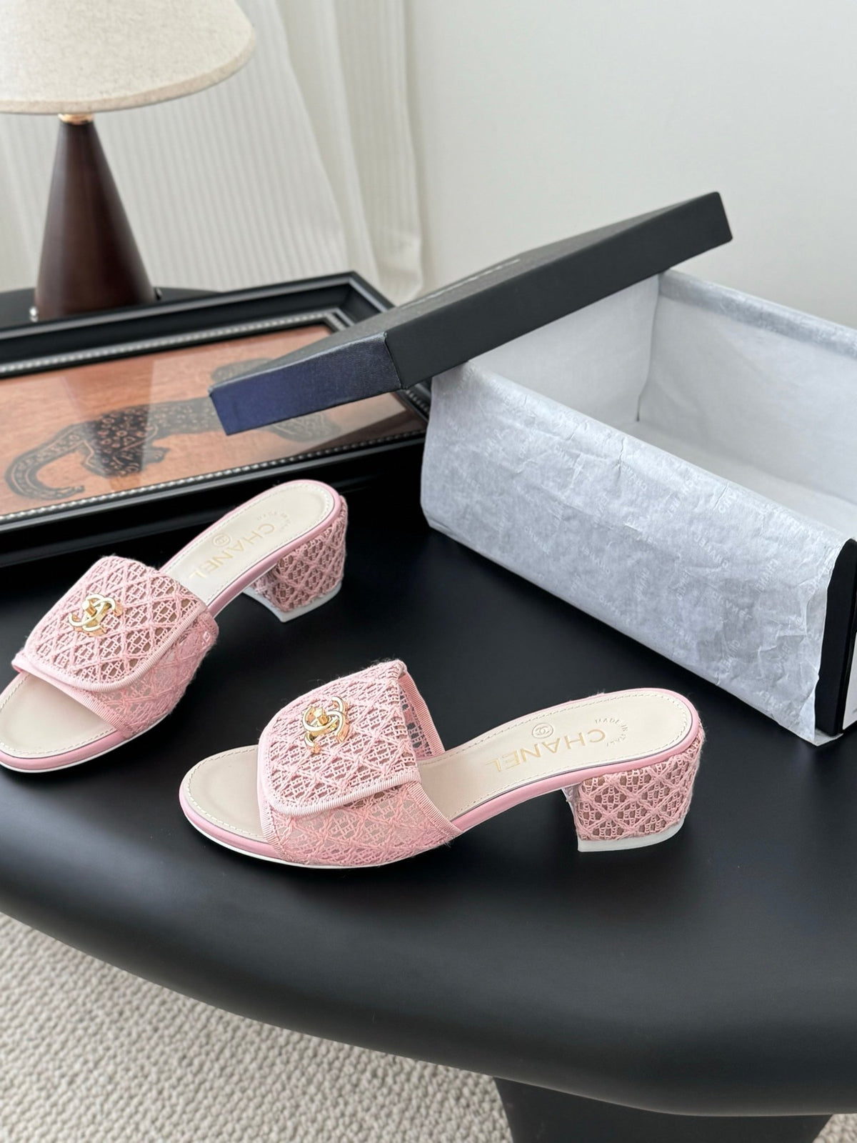 Chanel Women Pink Woven Leather Slides