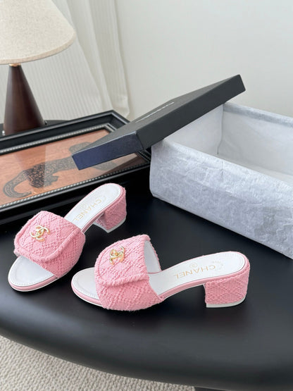 Chanel Women Pink Tweed Slides