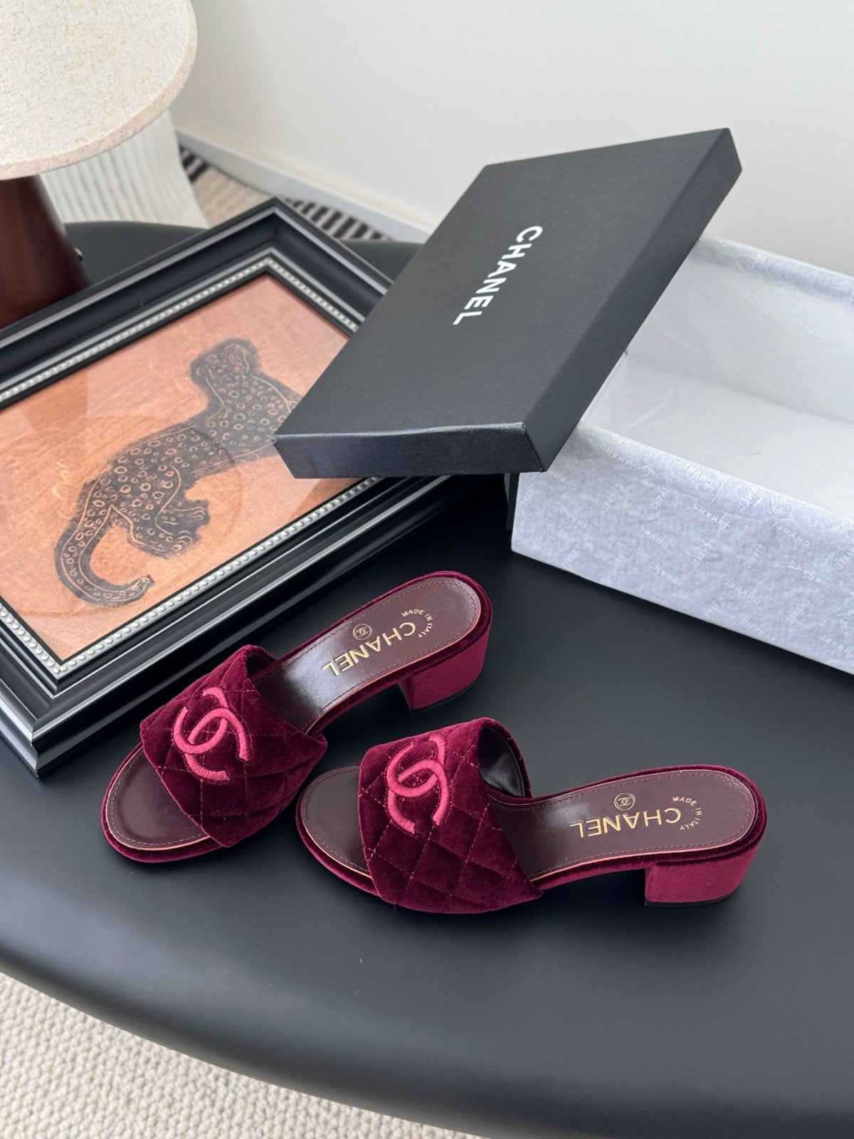 Chanel Women Burgundy Velvet Slide Sandals
