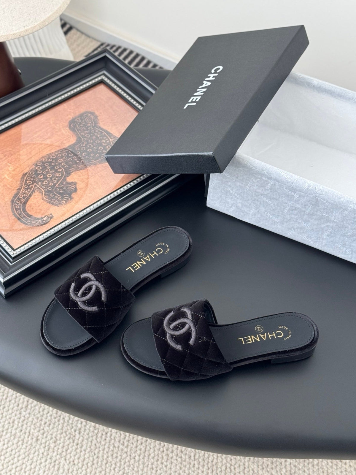 Chanel Women Black Velvet Quilted Slides