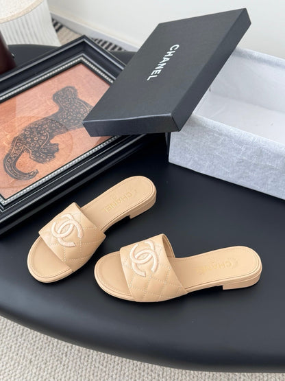 Chanel Women Beige Quilted Leather Slides