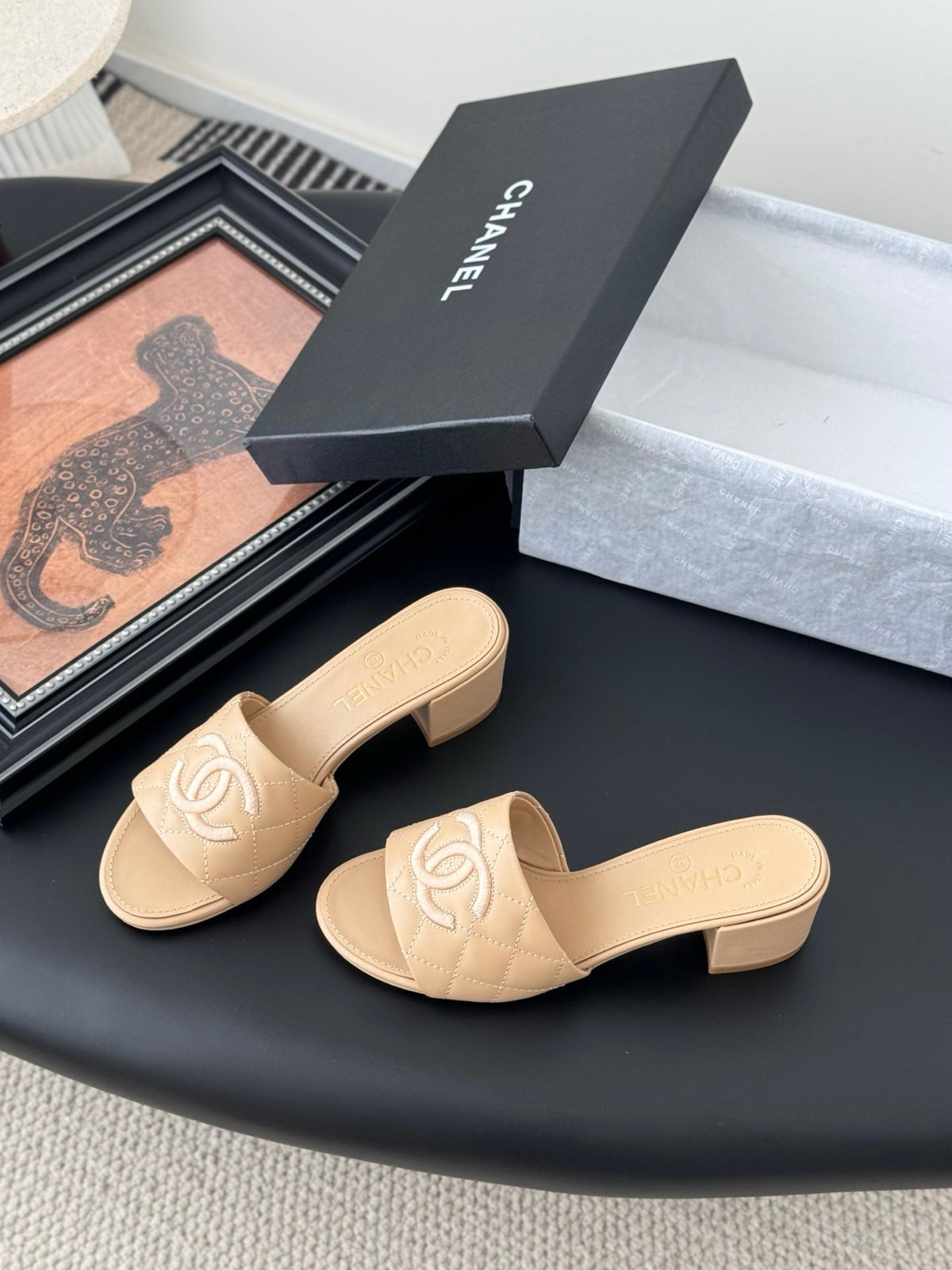 Chanel Women Beige Leather Quilted Slides