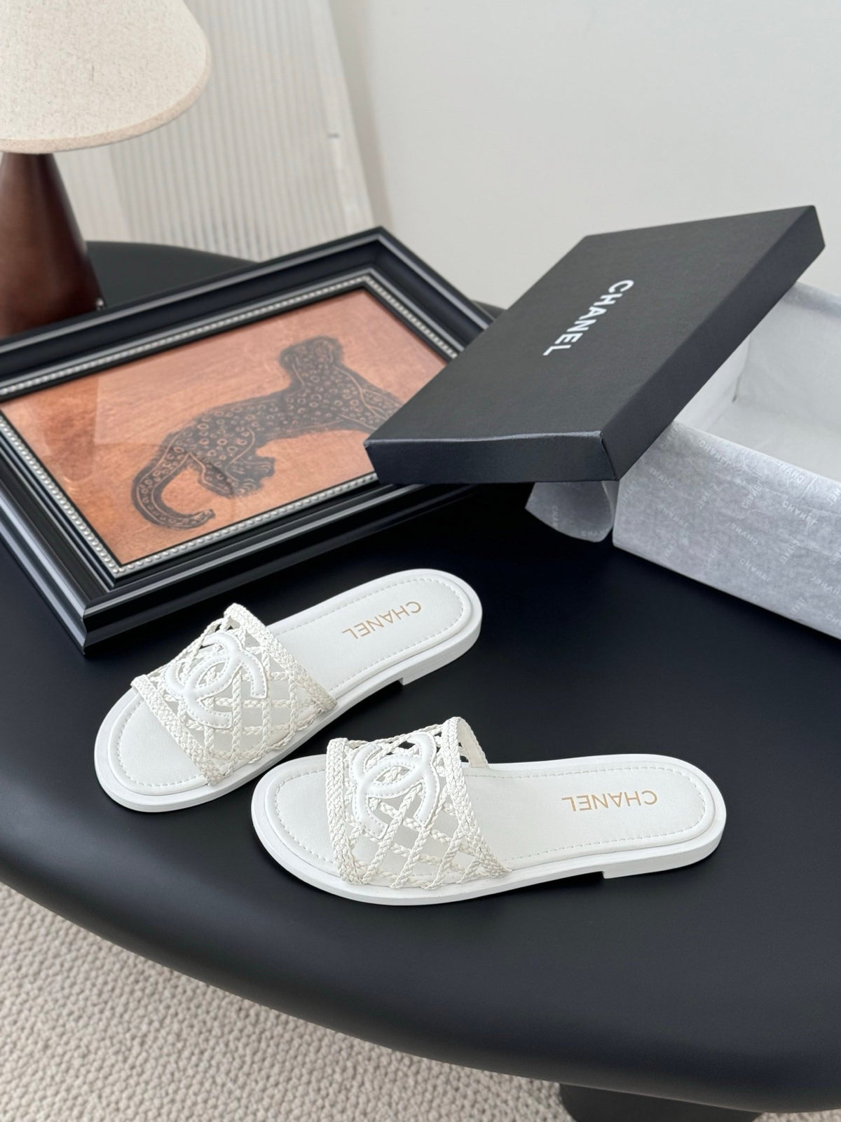 Chanel Women White Woven Leather Slides
