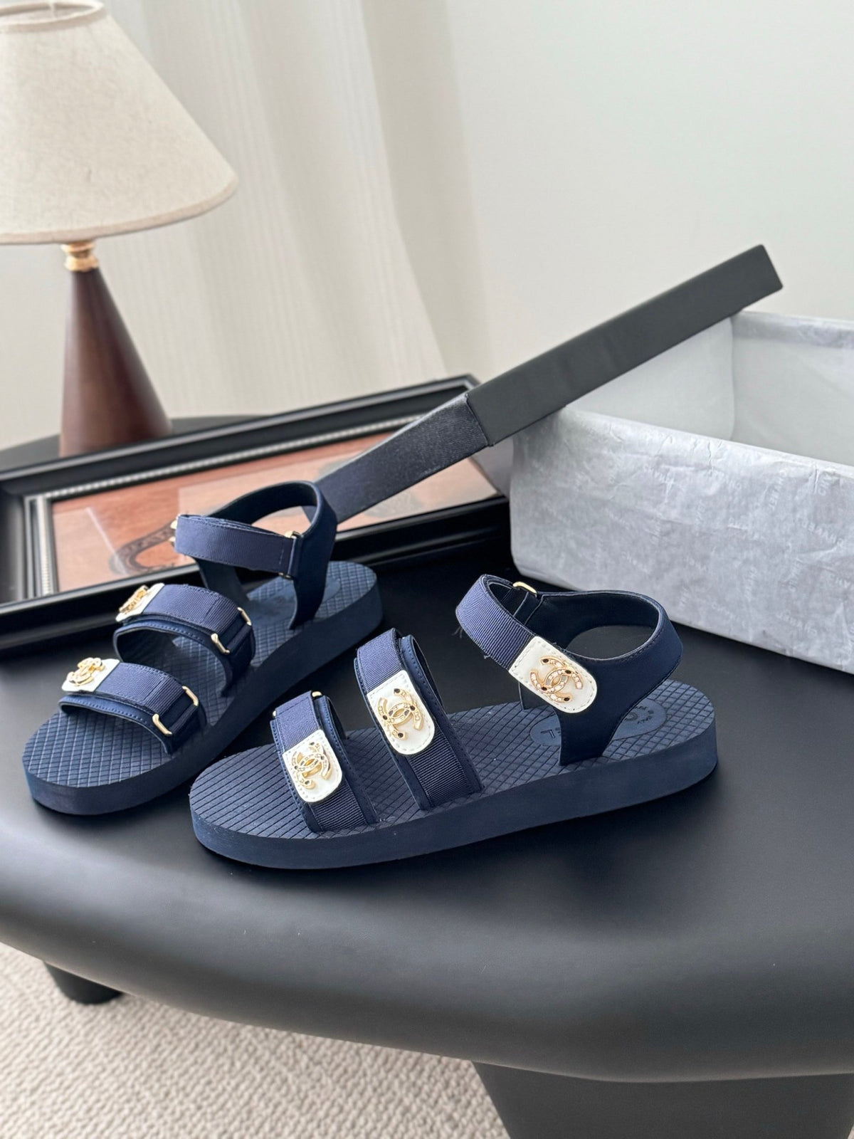Chanel Women Navy Fabric And Rubber Sandals