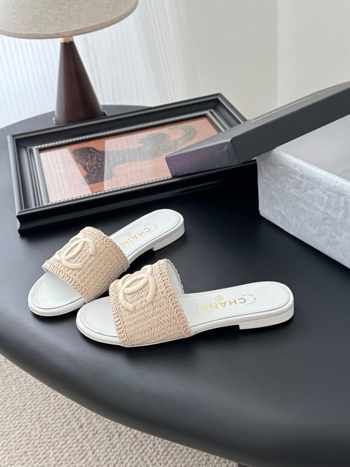 Chanel Women Beige Woven Fabric Slides