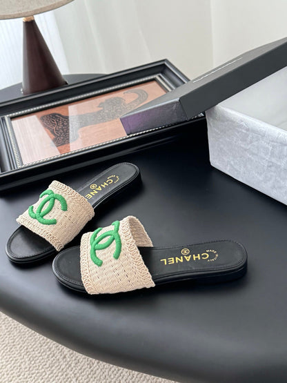 Chanel Women Beige Fabric Green Logo Slides