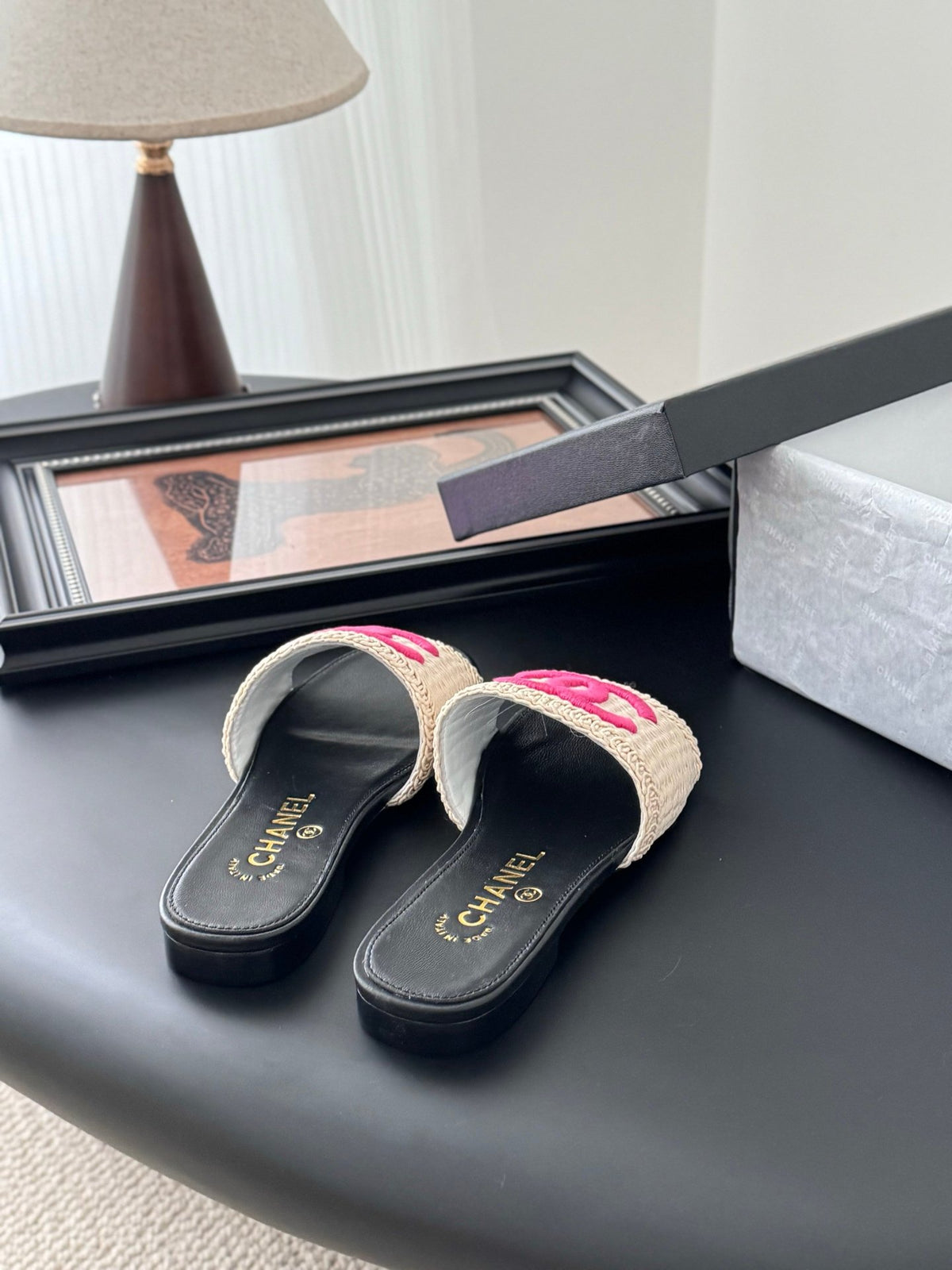 Chanel Women Black Leather And Beige Fabric Slides