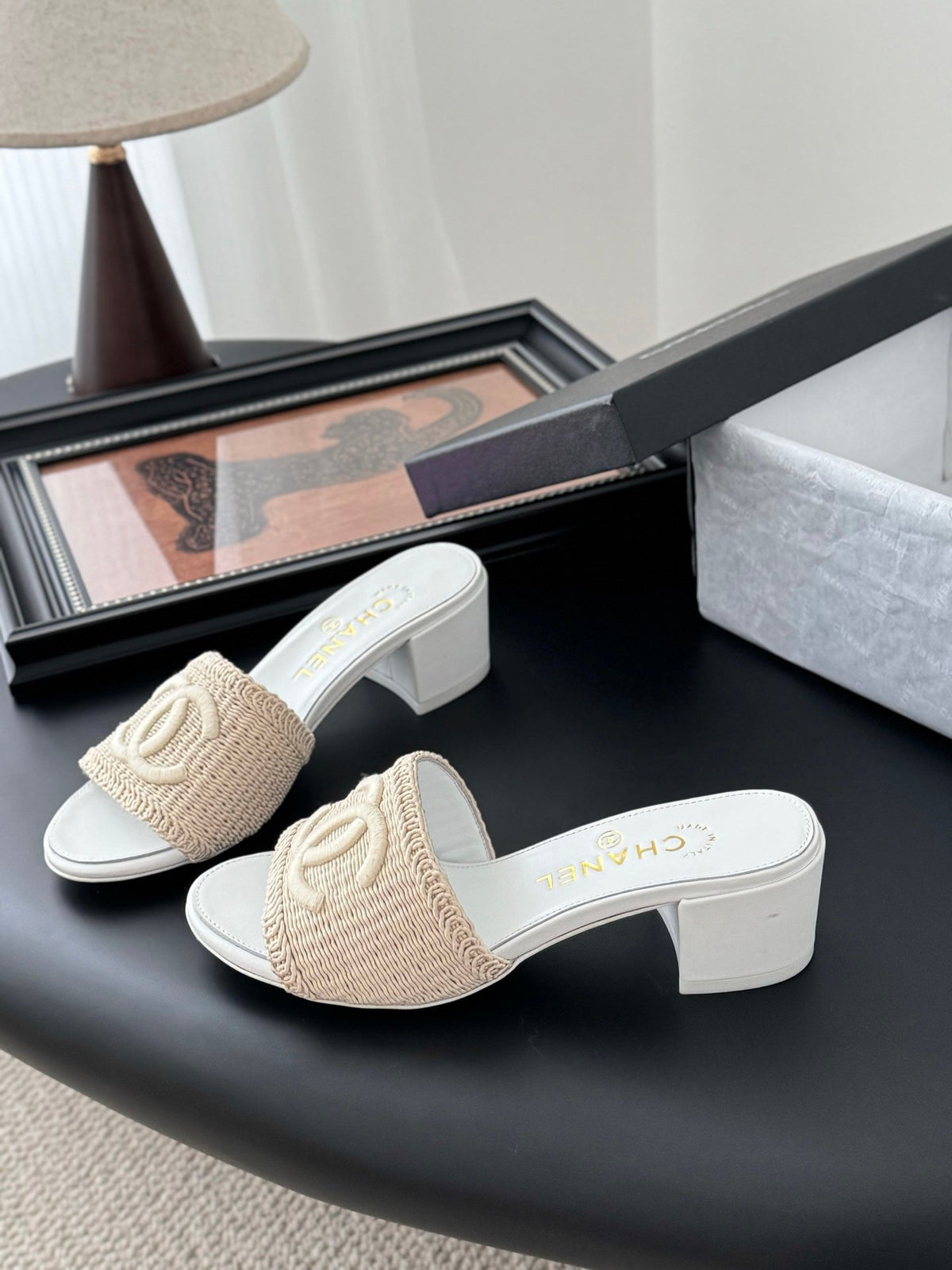 Chanel Women Beige Woven Fabric Slides