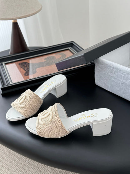 Chanel Women Beige Woven Fabric Slides