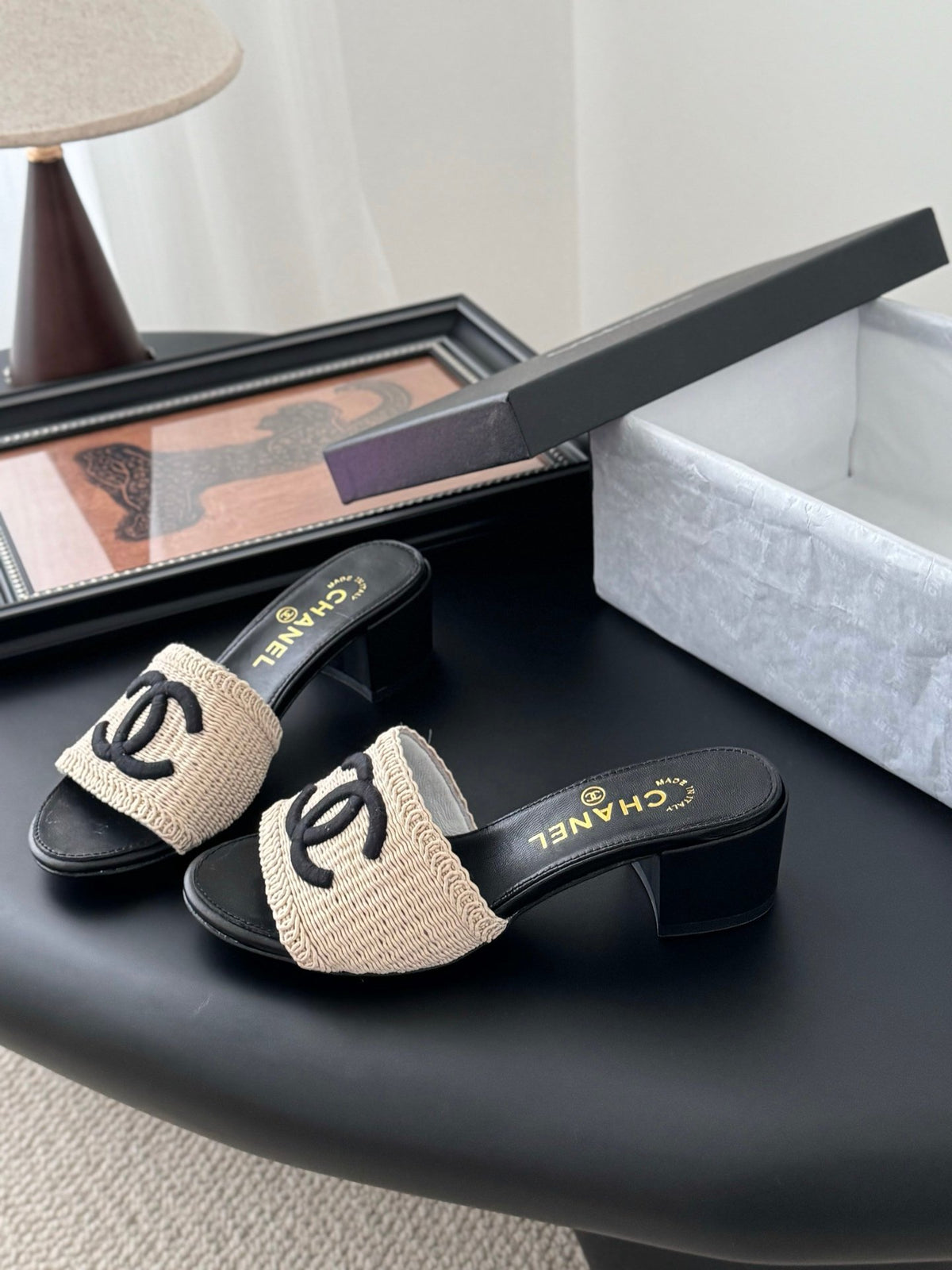 Chanel Women Beige Woven Fabric Black Leather Slides