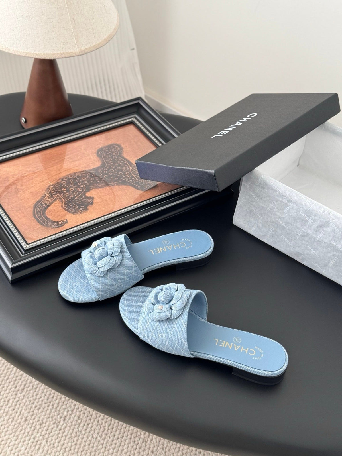 Chanel Women Light Blue Fabric Slides