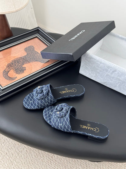 Chanel Women Blue Denim Mules Flats