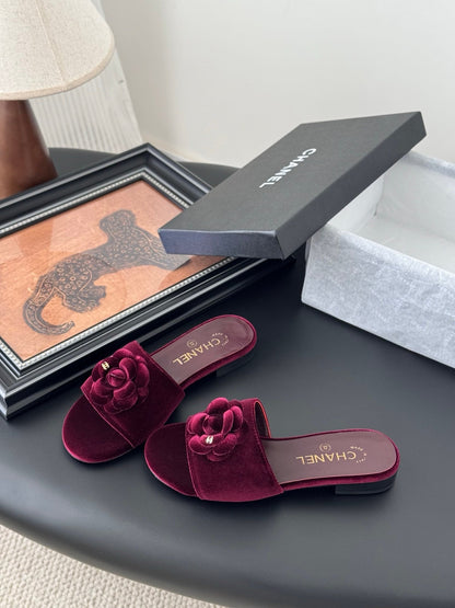 Chanel Women Burgundy Velvet Slides