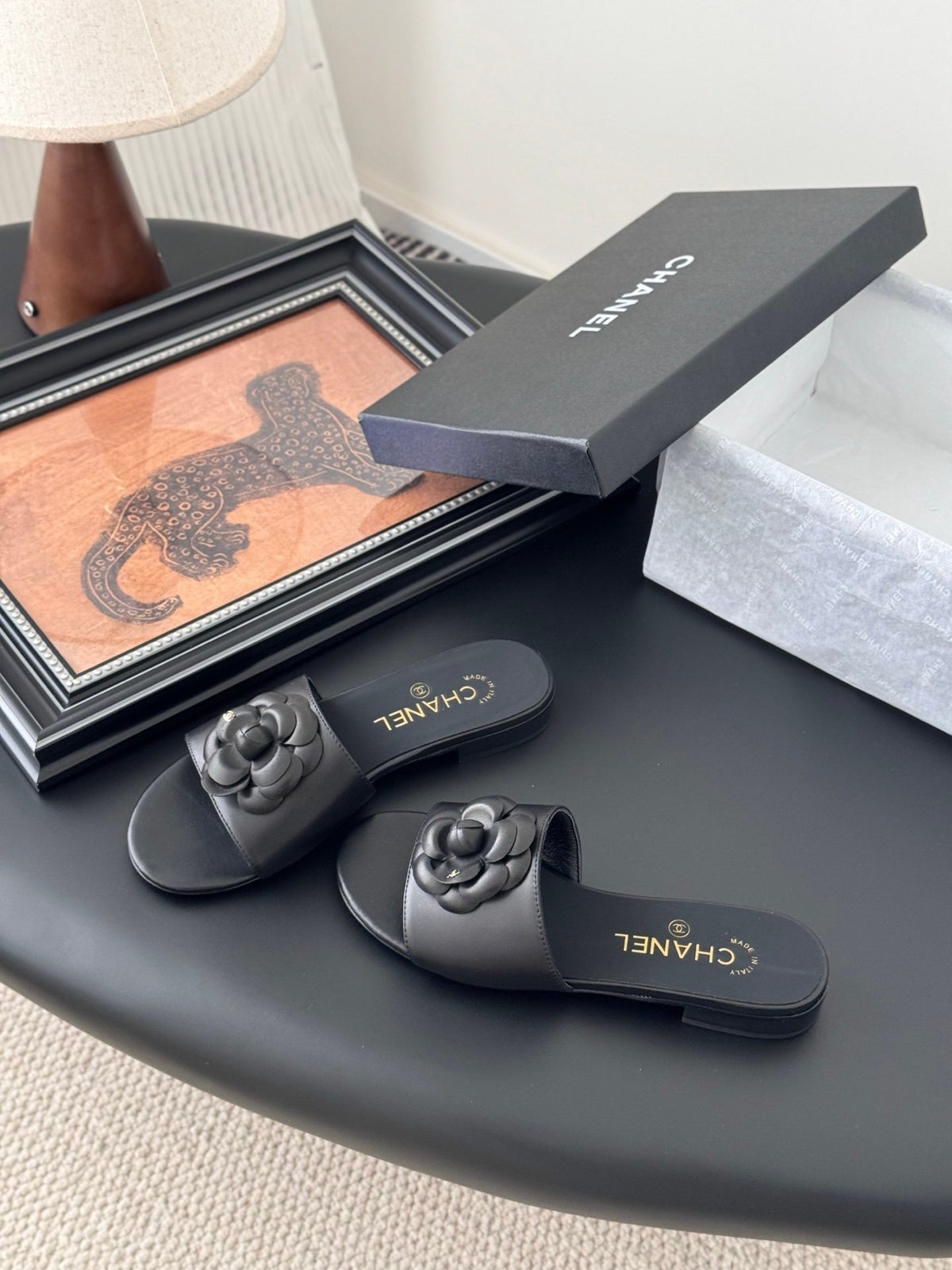 Chanel Women Black Leather Flower Detail Slides