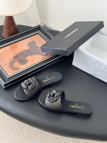 Chanel Women Black Leather Flower Detail Slides