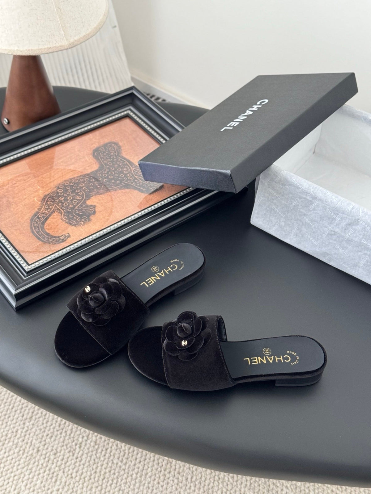 Chanel Women Black Velvet Flower Embellished Slides