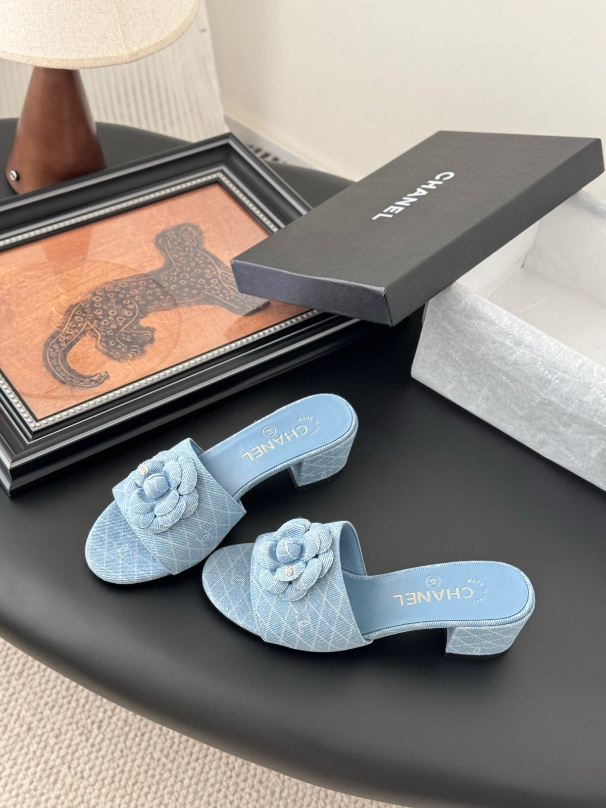 Chanel Women Light Blue Fabric Floral Slide Sandals