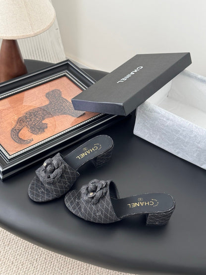 Chanel Women Black Fabric Quilted Mules