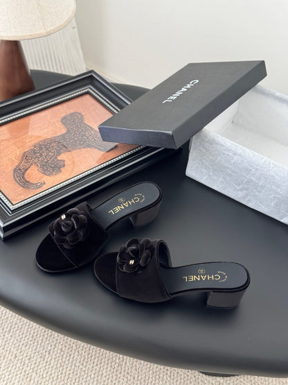 Chanel Women Black Velvet Flower Embellished Mules
