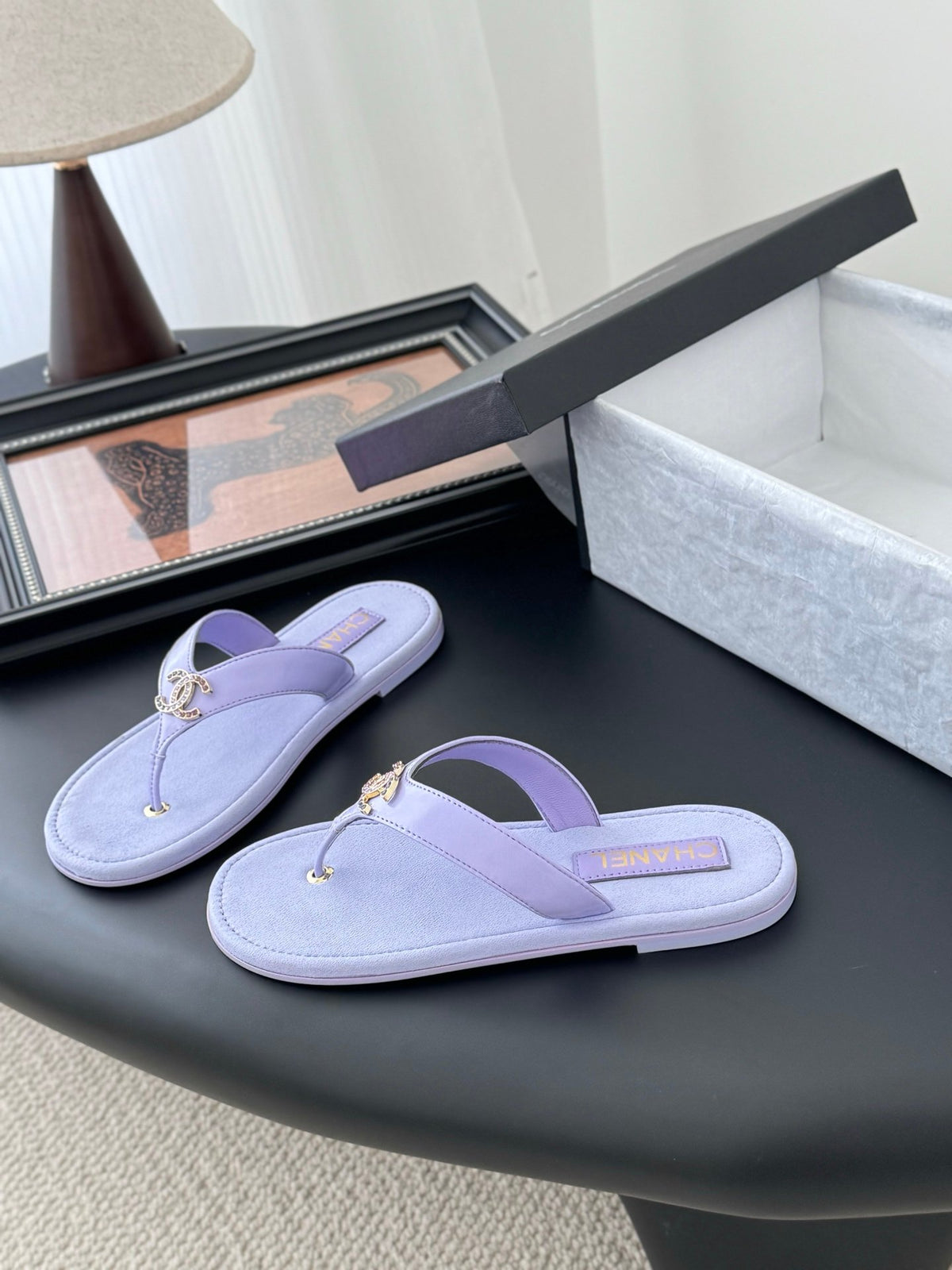 Chanel Women Light Purple Leather Slides