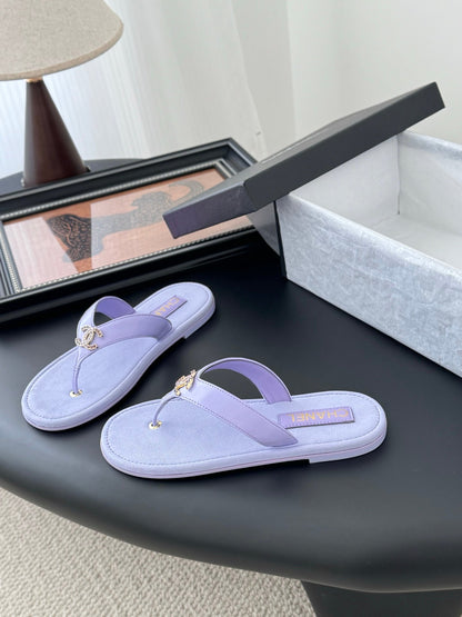 Chanel Women Light Purple Leather Slides