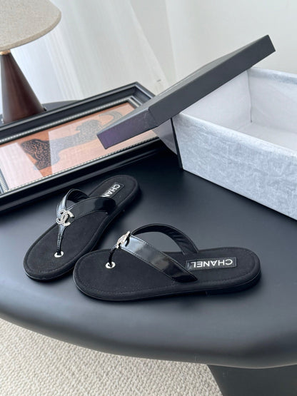 Chanel Women Black Patent Leather Sandals