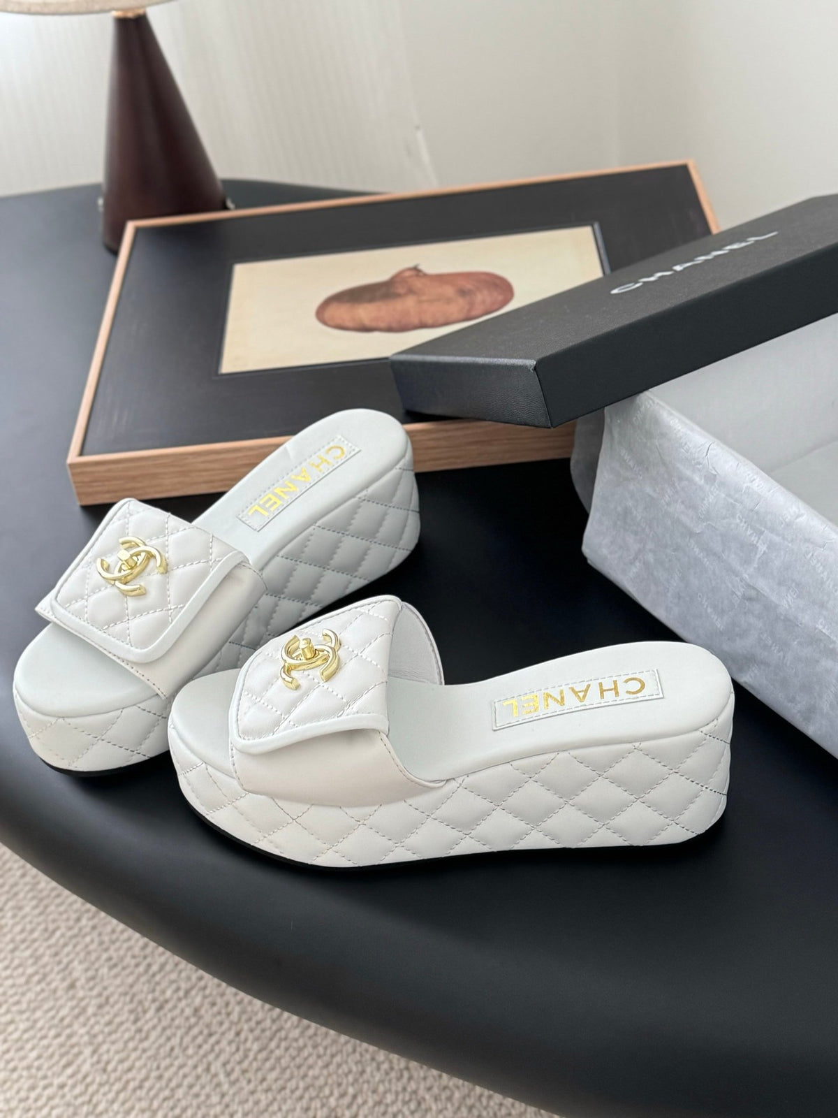 Chanel Women White Quilted Leather Slides