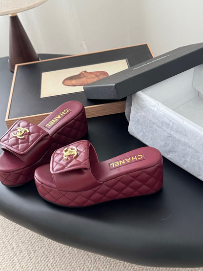 Chanel Women Burgundy Quilted Leather Slides