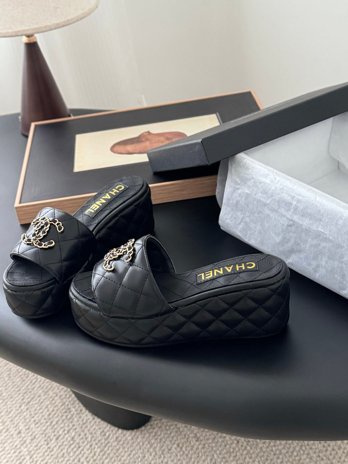 Chanel Women Black Leather Quilted Slides