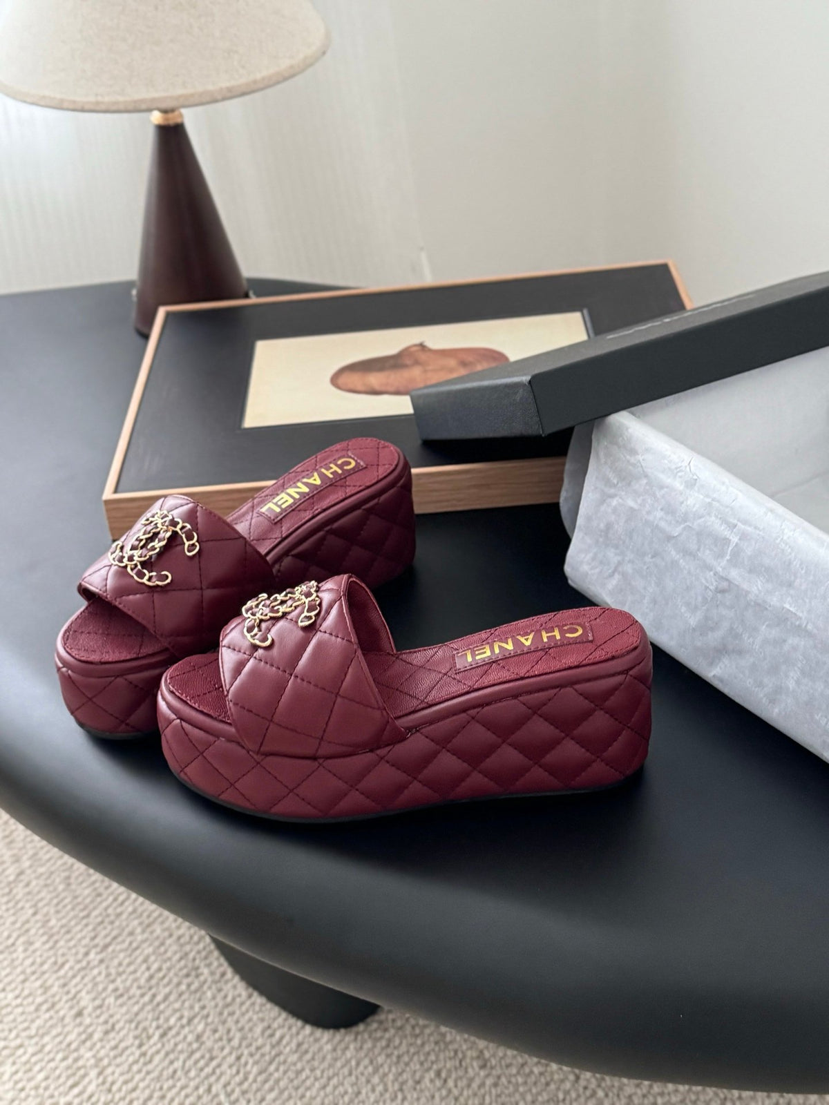 Chanel Women Burgundy Quilted Leather Slides