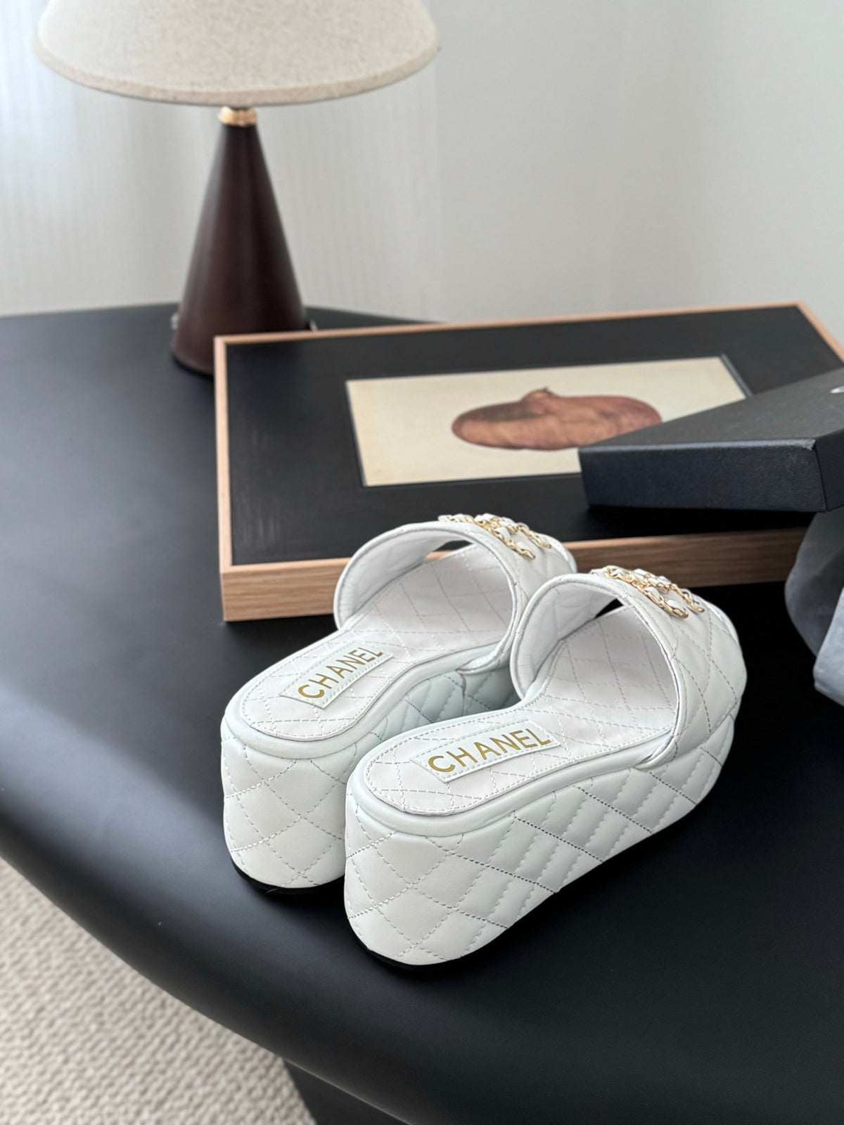 Chanel Women White Quilted Leather Slides
