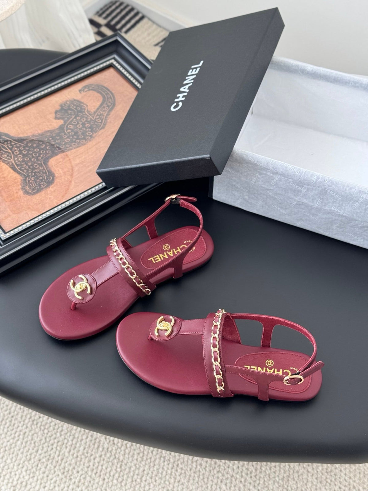 Chanel Women Burgundy Leather Sandals