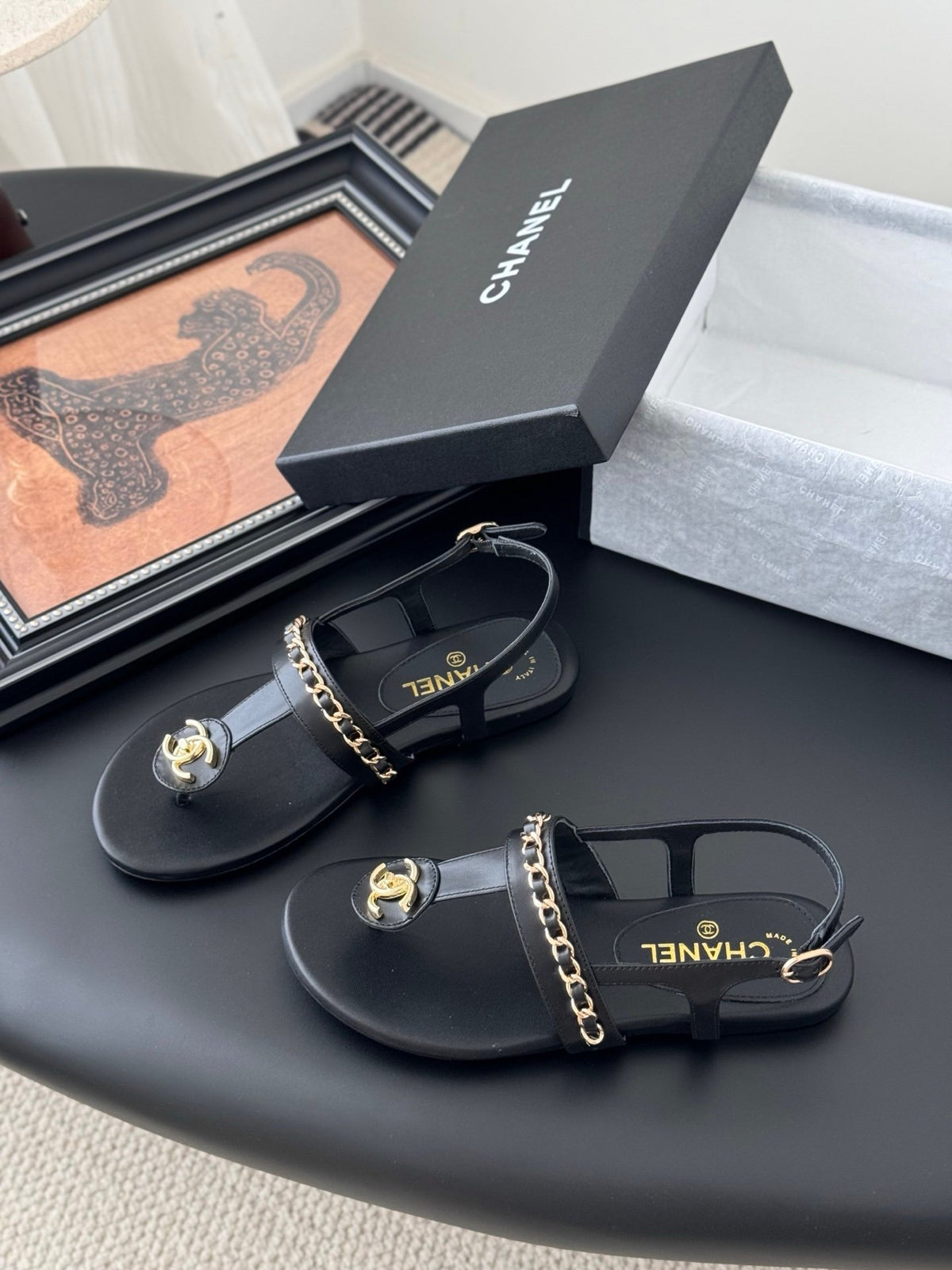 Chanel Women Black Leather Chain Detail Sandals