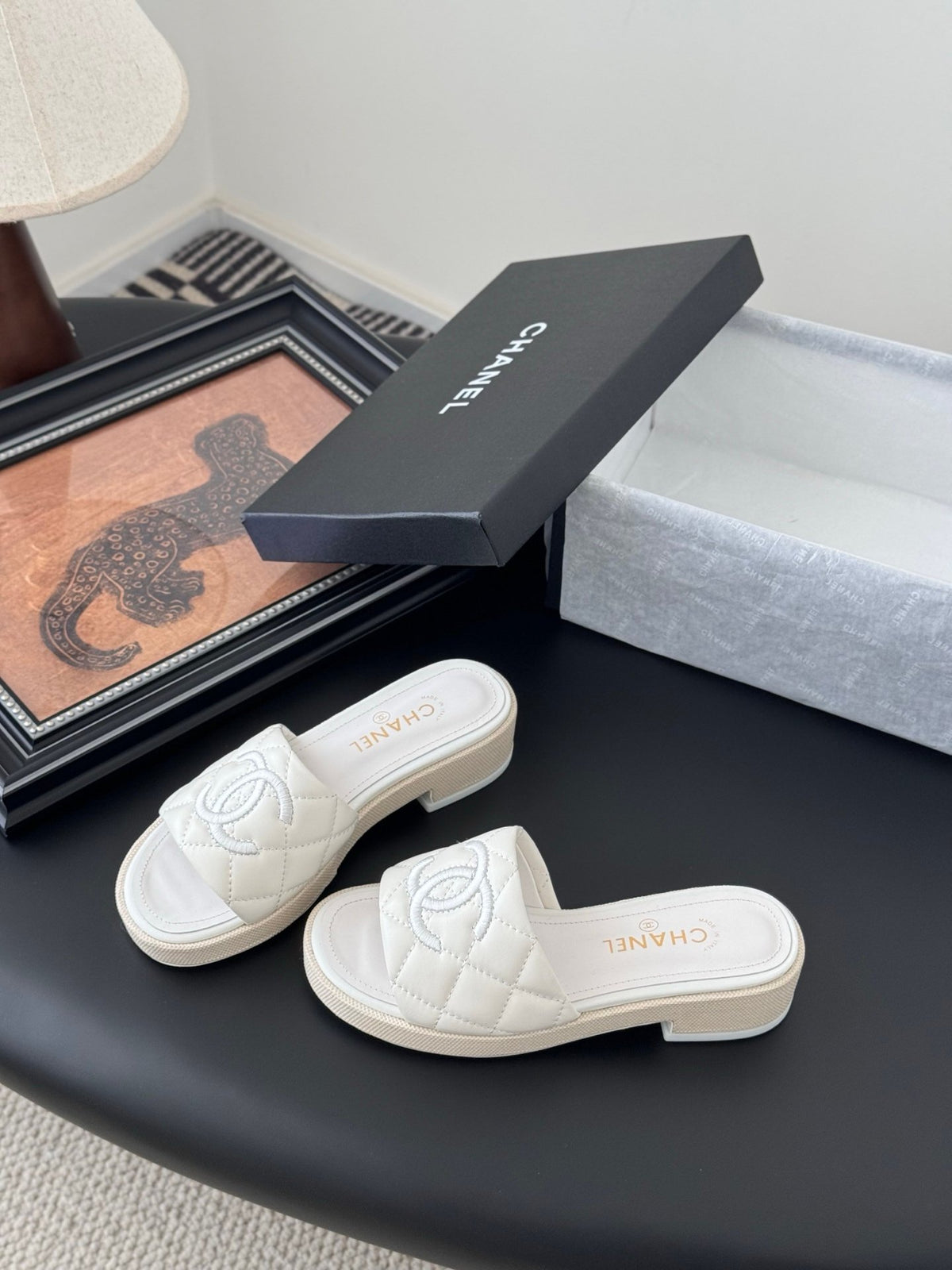 Chanel Women White Quilted Leather Slides