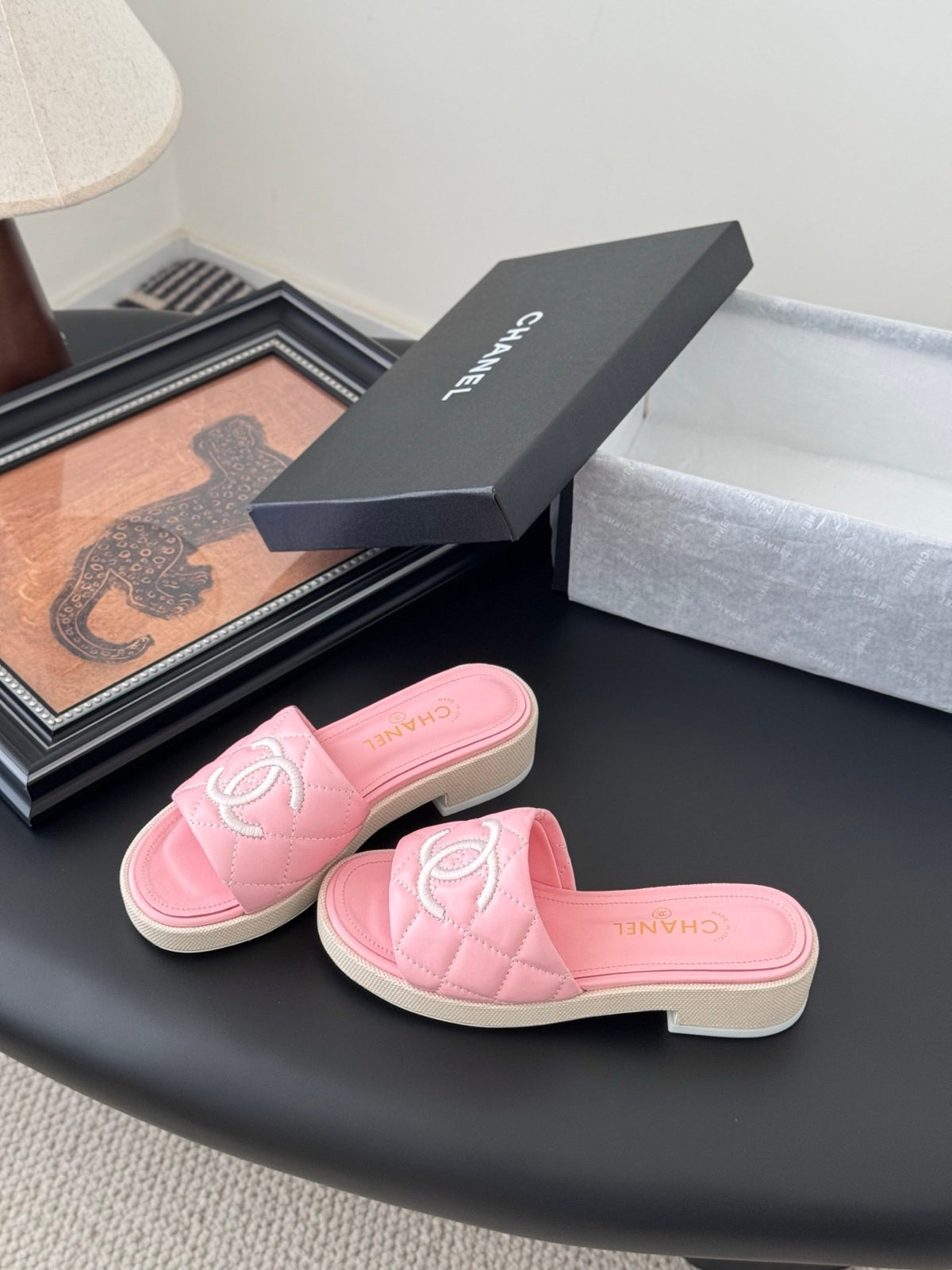 Chanel Women Pink Quilted Leather Slides