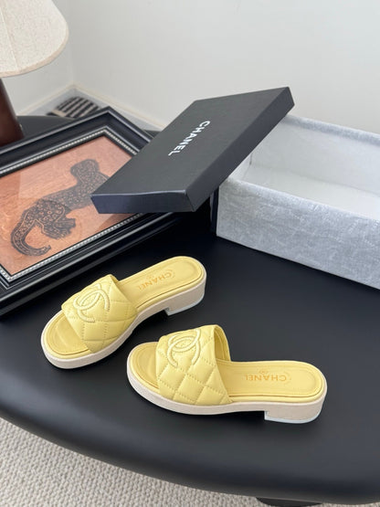 Chanel Women Yellow Quilted Leather Slides
