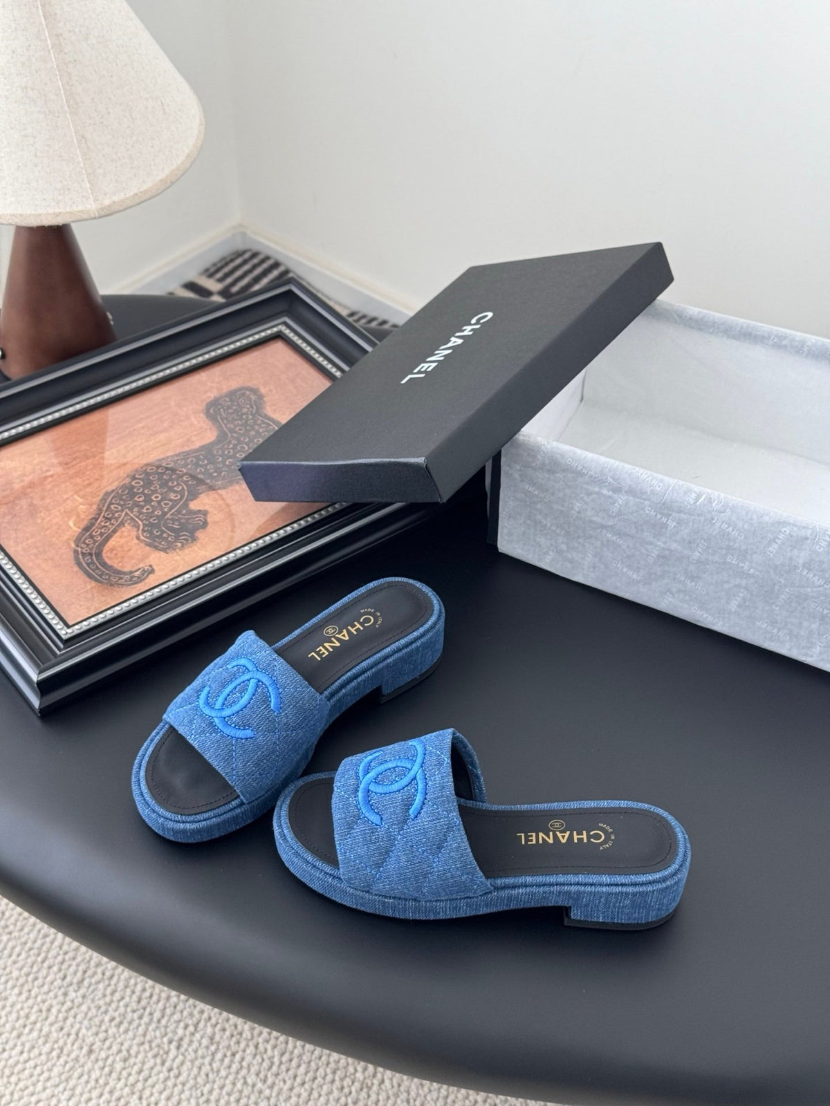 Chanel Women Blue Denim Slides